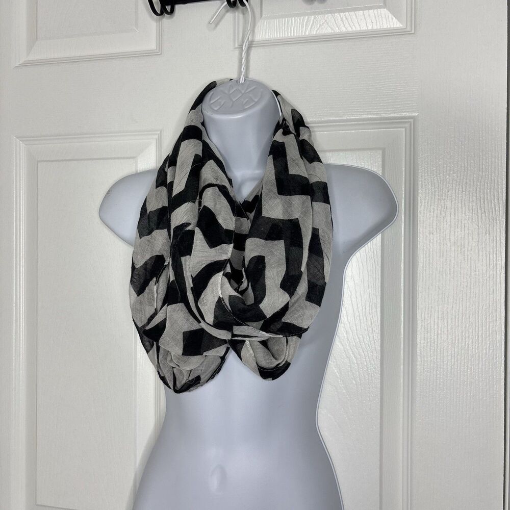 Black White Geometric Infinity Scarf Lightweight Sheer Polyester
